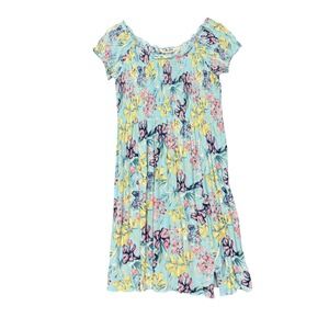 Soft Surroundings Dress Women Medium Blue Floral Smocked Short Sleeve Rayon Midi